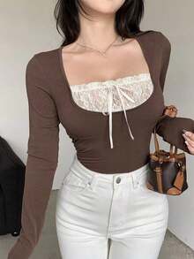Camiseta de manga corta con bloques de color para mujer, Tops cortos para mujer, Tops lindos para mujer - Marrón - Ver 7