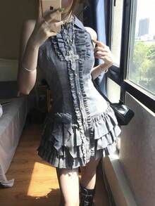 Summer Japanese Y2K Sweet Vintage Elegant Woman Sexy Retro Design Harajuku Dress Female Plaid Korea Style Chic Outfits New  Slim Fit Princess A Line Short Mini Bodycon Streetwear - Gray - 查看 6