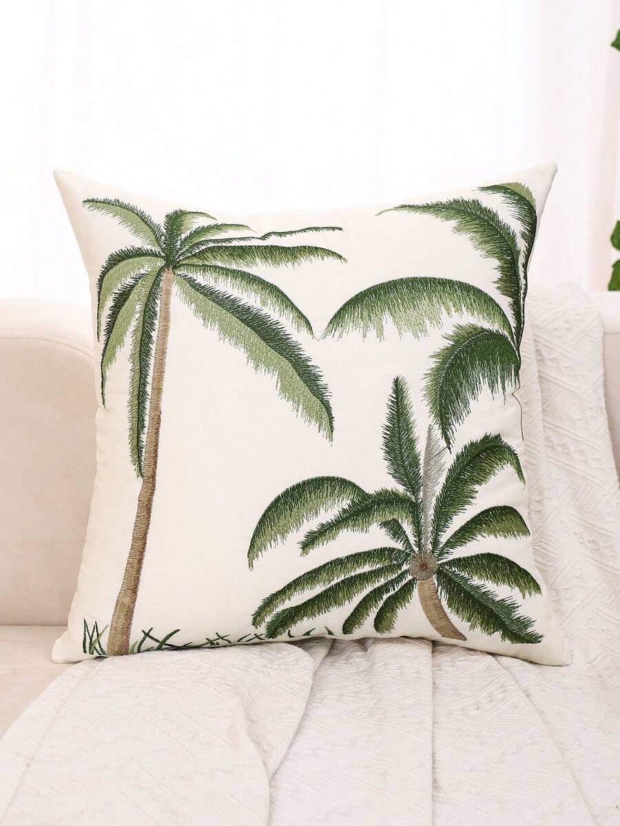 Miater 1pc/2pcs Canvas Embroidered Throw Pillow Cover, Coconut Tree, Floral & Bird Pattern, Fresh Natural Style For Living Room, Bedroom, Sofa, Home Decor, Holiday Gift - Green - View 1
