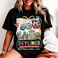 Disney Women's T-Shirt "Coquette‑Style Framed Skyliner Cable Car Collage Featuring Mickey & Friends, Cinderella Castle, Tower Hotel & Disney Park Landmarks" Cartoon Printed Oversized T‑Shirt, Short Sleeve Tee For Disney World Family Trips, Park Hopping & Group Vacations. New Style, Ideal For Family & Group Matching Outfits, Unisex For All Ages. High‑Quality Cotton Fabric, Soft & Breathable. Sweet Rope‑Border Design Decorated With Yellow Bows, Mickey‑Shaped Balloons And Star Accents, Perfect Gift For Disney Skyliner‑Loving Fans. - màu đen - Xem 6