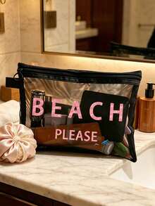 Borsa da spiaggia in rete con la scritta "Beach_please", pochette cosmetica portatile per rossetti e cuscinetti, borsa da toilette con design costiero, organizer da viaggio per il trucco trasparente e spaziosa, borsa da spiaggia in stile hawaiano perfetta per le vacanze al mare, borsa della spesa portatile, ideale per vacanze, fitness, regali per la festa della mamma, San Valentino, insegnanti e donne in viaggio, brevi viaggi e necessità di viaggio - Multicolore - Visualizzare 3