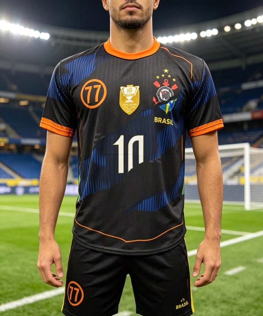 T-Shirt Combining Corinthians And The Brazilian National Team For Fans Of Both Corinthians And The National Team. - Đen và Cam - Xem 1