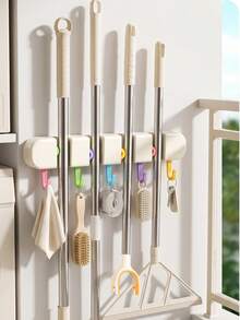 1 Set Dopamine Color Mop Holder, Wall Mounted Mop And Broom Storage Rack, No Drilling Installation, Bathroom Hanger, Multipurpose Hanging Organizer Suitable For Home, Bathroom, Garage - Great For Mops, Brooms And Long-Handle Tools - Durable Plastic Material - Multicolor - View 6