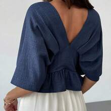 Fashion Women's Clothing  Blusa de mujer de unicolor con cuello en V, volantes y pliegues de moda, para otoño, para mujeres, para maestras, para negocios casuales. Azul marino, cuello en V, hombros caídos, cintura ceñida, pliegues fijos, estilizadora, elegante para oficina y uso diario. - Amarillo claro - Ver 3