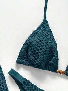 Swim Chiccia Conjunto de bikini de 3 piezas con cobertura y pantalones, de unicolor, de malla hueca para mujer, para vacaciones de verano en la playa - Azul 2 - Ver 5