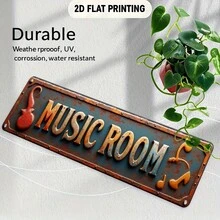 Vintage Music Theme 2D Wall Decor With "Music Room" Text And Guitar Note Pattern - Suitable For Retro Metal Wall Hanging Plaque In Dining Room, Easy Installation Without Tools, Great Gift Choice, 2D Flat Design (Random Style) - A - View 4