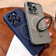 1pc Blue Matte Transparent Silicone Phone Case With Invisible Ring Holder, Suitable For IPhone 16 15 14 13 12 11 Pro Plus Max, Wireless Charging, Glass Lens Cover, Waterproof Shockproof Anti-Scratch - Navy Blue - View 2