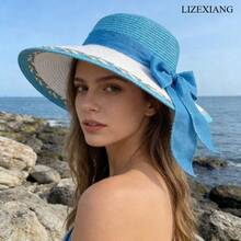 Stylish Straw Hat With Bowknot,Hats For Women,Beach Hats For Women,Elegant Women's Sun Hat, Beach Sun Protection Hat, UV Protection Hat - 淺藍色 - 查看 9