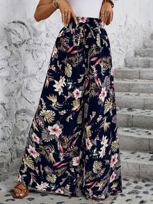 Women's Wide Leg Trousers With Elastic Waist And Print - Black Print - View 5