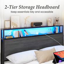 Queen & Full Bed Frame With Storage, 2-Tier Storage Headboard & Built-In Drawers, Metal Platform Bed With USB Charging Station & LED Lights, Noise Free, No Box Spring Needed, Easy Assembly,Rustic Grey - Grey - View 6