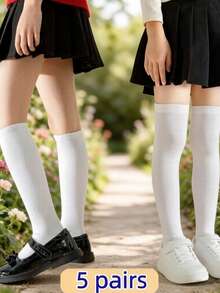 5 Pairs Kids White Knee-High Over-The-Knee Socks, Back To School Student White Calf Socks, Boys And Girls Football Socks, No Heel High Tube Socks - White - View 2
