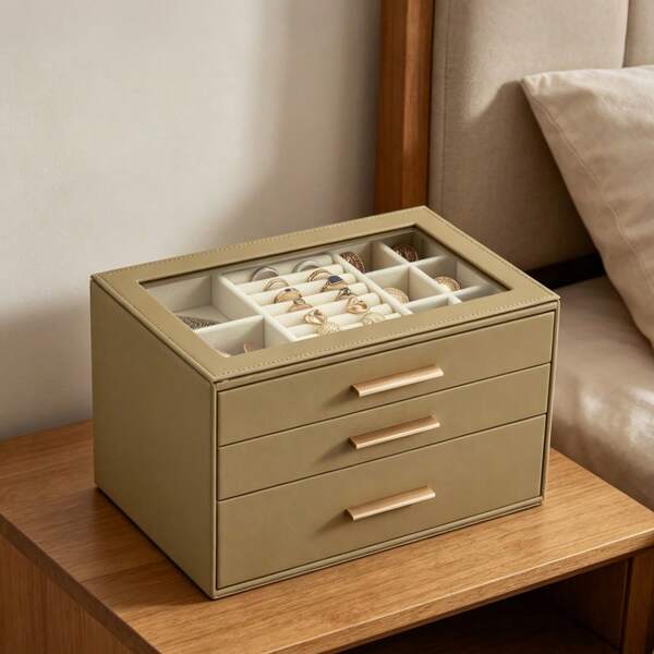 Studyset 3-Tier Jewelry Box With Clear Top, Large Capacity PU Leather Organizer With 3 Drawers, Soft Velvet Lined Storage For Rings, Necklaces, Bracelets & Earrings