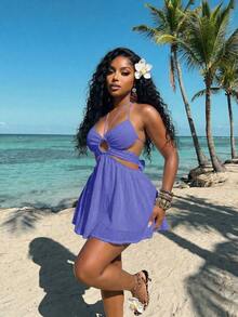 Vestido corto de mujer de crepé blanco con escote halter, encaje, parches y falda paraguas calada, versátil, casual y elegante, adecuado para vacaciones, viajes, playas, zonas costeras, piscinas, yates, tomar el sol, lindo y dulce - azul real - Ver 4