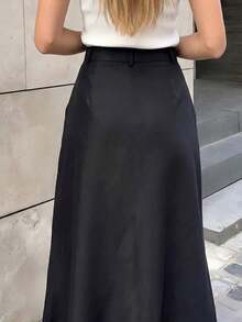女士纯色直筒长裙，休闲聚会，时尚外出装扮，纯色休闲优雅纽扣女士长裙单件装，适合办公室、海滩、旅行、机场等场合，春夏皆宜。 - 黑色 - 查看 7