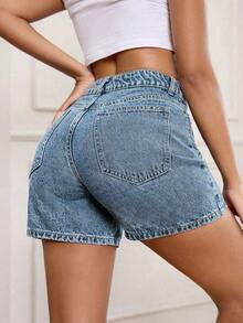 PETITE Pantalones cortos vaqueros sueltos y lavados de uso casual versátil - Azul 2 - Ver 2