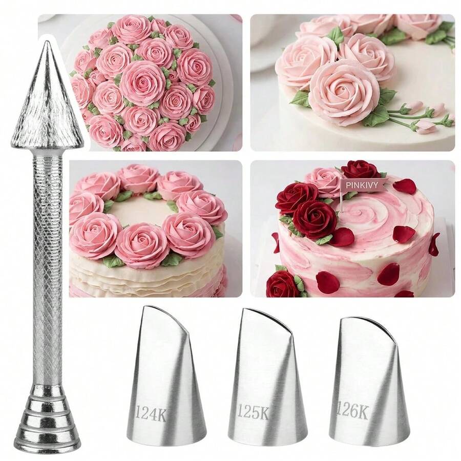 Rose Piping Tips & Buttercream Decorating Nozzle Set, Stainless Steel Cake Decorating Tools, Floral Nozzles For Crafting Vivid Buttercream Roses, Ideal For Home Baking And DIY Cake Ornament Decoration - Multicolor - View 1