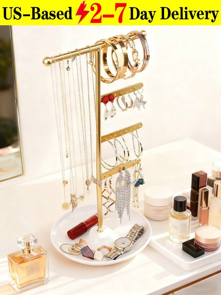 Elegant Metal Jewelry Stand With Tray For Stylish Storage And Display Of Necklaces,Jewelry Towers, Earrings, And Bracelets,  Home Decor,Perfect Earring Display Stand For Home Organization Or Jewelry Retail, Ideal Christmas Gift For Fashion Lovers - one-size - View 1