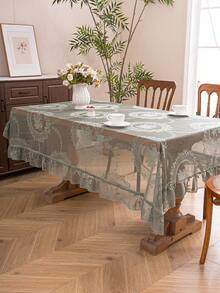 1pc French Elegant Floral Lace Trim Tablecloth, Countryside Fresh Decor - Green - View 4