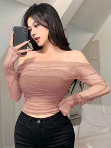 Blusa elástica de malla transparente con hombros descubiertos, para primavera/verano - Rosa - Ver 6