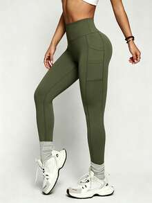 Pantalones de yoga de cintura alta con doble bolsillo, levantamiento y adelgazamiento, mallas de fitness, pantalones ajustados para exteriores, deportes de primavera - Verde militar - Ver 7