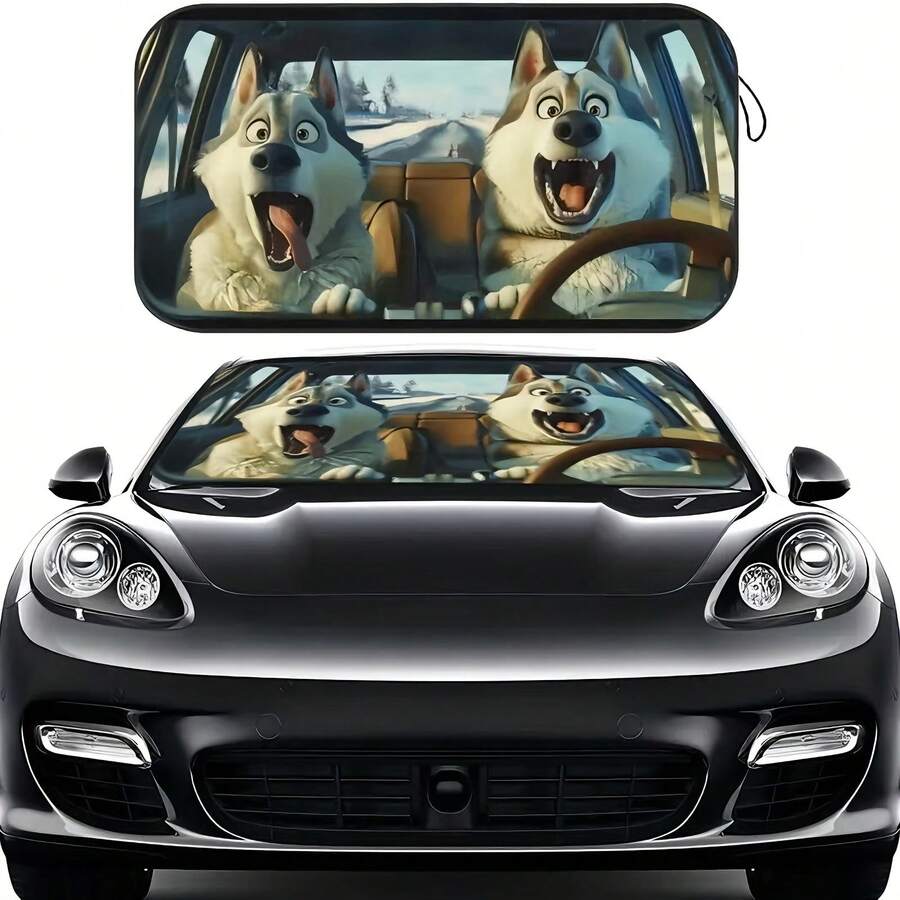 Humorous Husky Car Sunshade - UV Protection, Foldable & Easy To Store, Fits Most Vehicles, Polyester Material With Playful Dog Design For Indoor Decor, Vehicle Cooling Accessory, Playful Dog Design, Easy Storage Feature - A - View 1