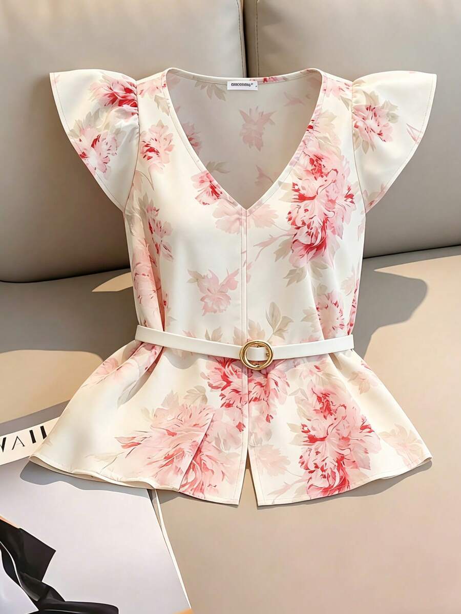 Women's Casual Commuting Shiny Draping Pink Floral Print V-Neck Ruffle Metallic Belt Puff Sleeve Blouse Shirt, Spring/Summer - Red and White - View 1