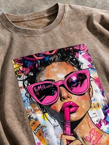 100% Pure Cotton Men's And Women's Universal Style Vintage Washed T-Shirt, Cartoon Girl Fun Red Lipstick Color, Urban Graffiti Portrait - 摩卡棕 - 查看 5