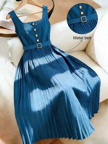 Vestido largo de línea A con cuello cuadrado, sin mangas, con cinturón y decoración de botones, con estampado floral índigo, versátil para ir al trabajo, primavera/verano - Azul - Ver 9