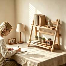 2-Tier Trapezoid Desktop Shelf Handmade Wooden Folding Minimalist Desk Organizer Rack, Trapezoid Desktop Display Shelf, Double-Layer Fixed Storage Rack With Crossbar, Suitable For Bedroom Nightstand, Vanity, Study Room, Dorm, Cafe And More - White - View 2