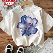 Camiseta Casual Feminina 100% Manga Curta Gola Redonda com Estampa de Design de Flor Tropical, Adequada para Verão e Primavera - Branco - Visão 2