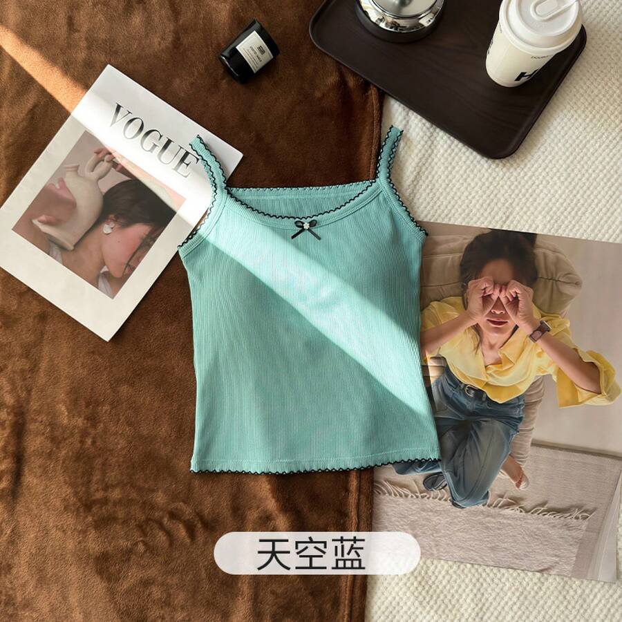 2026年春夏新作セクシーガールリボンレーストリムキャミソール、固定胸パッド付き、スリムフィットインナーウェア、美しい背中見せトップス - スカイブルー - チェックする 1