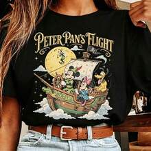 Disney Women's T-Shirt 1PC Licensed "Retro Peter Pan's Flight Neverland Pirate Ship Mickey & Minnie" Cartoon Printed Oversized T‑Shirt, Short Sleeve Tee For Disney Travel, Vacations & Theme Parks. 2026 New Style, Ideal For Family Outings & Matching Outfits, Unisex For All Ages. High‑Quality Cotton Fabric, Soft & Breathable. Vintage Moonlit Pirate Ship & Neverland Adventure Scene Print Design, The Best Gift For Disney Peter Pan Ride Fans & Vacation Lovers. - màu đen - Xem 6