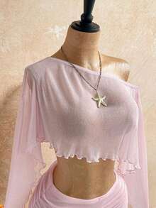 Nuevo top suelto con hombro asimétrico y transparente con lentejuelas doradas y falda mini fruncida de cintura baja asimétrica, estilo bohemio, boho, para vacaciones, vintage, fiestas - Marrón - Ver 6