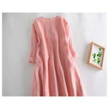 Elegante Vestido Rosa de Algodón y Lino Bordado para Mujer, Vestido Largo de Verano Holgado que Cubre el Vientre, Estiliza y ... - Rosa - Ver 3
