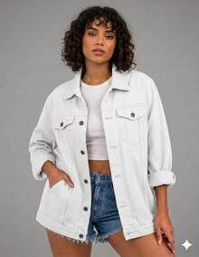 Maxi Oversized Denim Jacket With Pockets, Women's Long Winter - 白色 - 查看 1