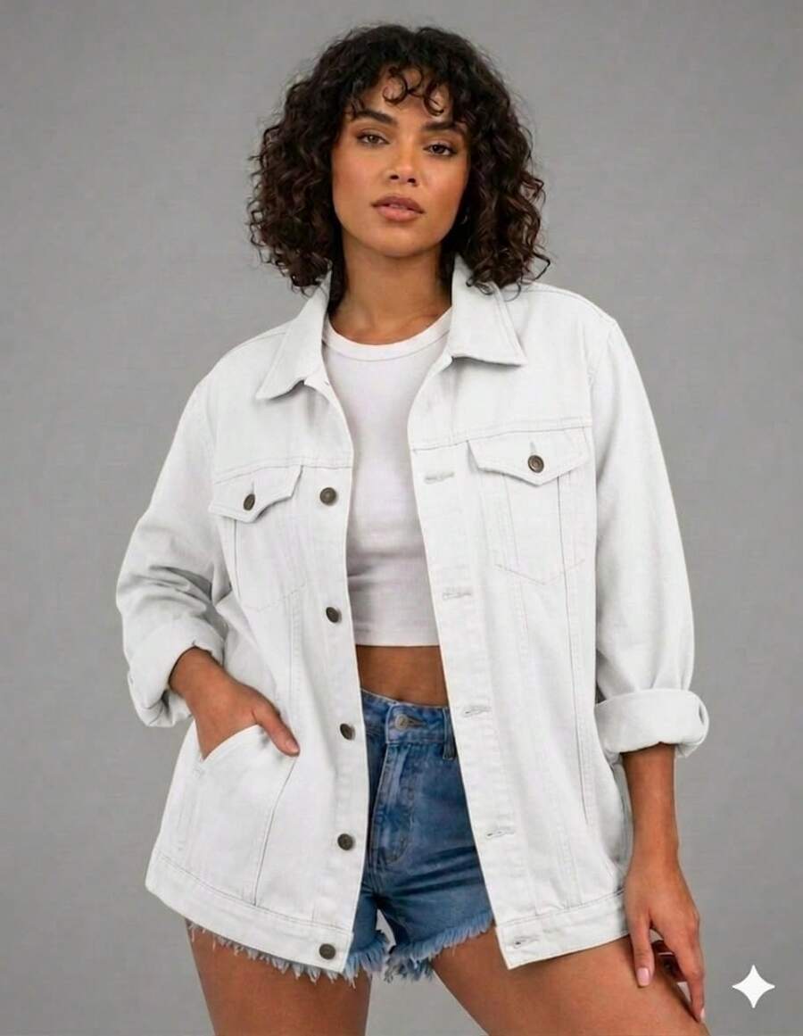 Maxi Oversized Denim Jacket With Pockets, Women's Long Winter - 白色 - 查看 1