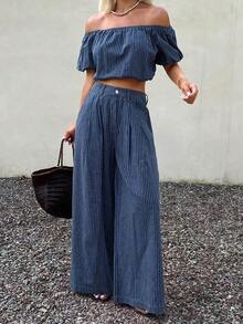Conjunto de dos piezas de mujer en denim, blusa de hombros descubiertos - Azul marino - Ver 5