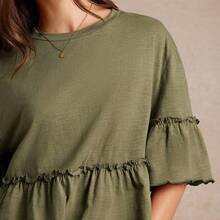 Camiseta con cuello redondo de punto slub, mangas con volantes y peplum, ideal para volver al colegio, otoño y conciertos country - Albaricoque - Ver 5