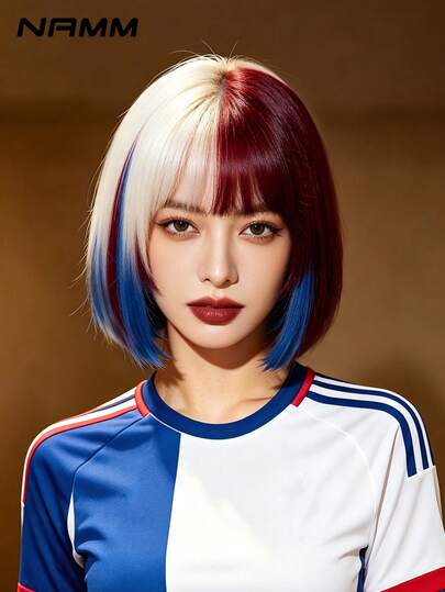 NAMM 12 Inch Blonde Red Blue Split Dye Half And Half Ombre Short Bob Wig For Women And Men Gorgeous Fluffy Wigs With Bangs , Synthetic Full Machine Wigs For Party Streetwear,Cosplay Use,Worldcup Use