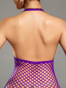 Sexy Fishnet Lingerie Set, Including Mesh Open Design, Spaghetti Strap Straps, Backless Straps, And Revealing Mini Skirt, Suitable For Intimate Apparel - Purple - View 5