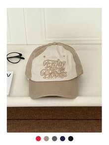 Women's Soft Top Red Baseball Cap, Niche Vintage Embroidered Couple Hat, Face-Slimming Patchwork Embroidery, Fashion Streetwear American Lettering Contrast Color Curved Bill Sun Hat, New Contrast Lettering Vibe Wide Brim Cap For Students - Multicolor - View 13