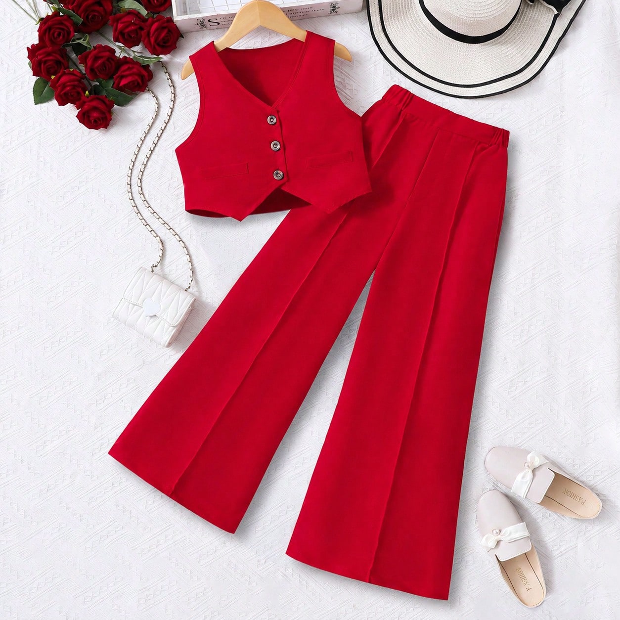Piezas Conjunto de moda estilo francés para niña preadolescente, blusa con pantalón de traje, versátil