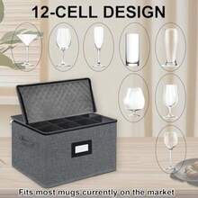 Caja de almacenamiento para copas de vino con divisores para 12 unidades contenedor de almacenamiento de cerámica rígida estuche de cristalería apilable con asas y etiqueta almacenamiento - Grisoscuro - Ver 5