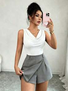 mangas ajustado con escote pronunciado en color marrón, combinado con falda pantalón de oficina en color albaricoque - Conjunto de 2 piezas para mujer - Blanco - Ver 8