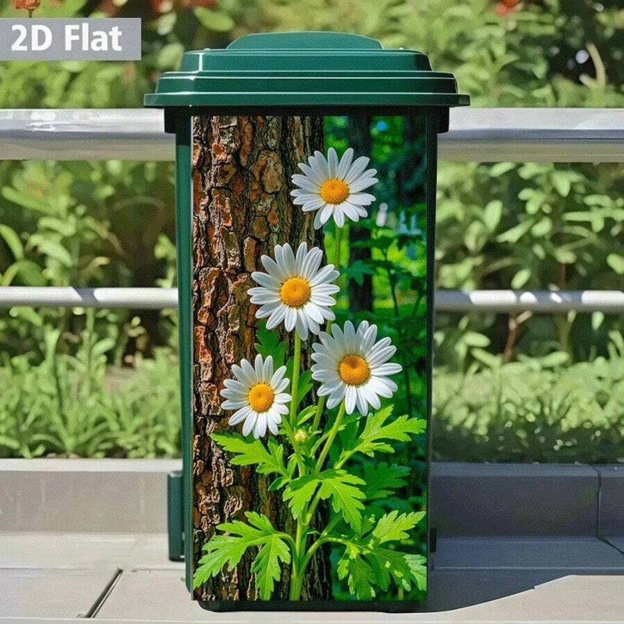 1pc Daisy Blooming Near Tree Themed Trash Can Sticker, Self-Adhesive Wall Decal For Kitchen Garbage Can, Wall, Home Decor (Suitable For Trash Can, Wall, Home Decor), 37 X 82 Cm - A - View 1