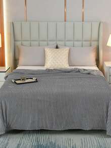 1pc Striped Soft Plush Blanket, Skin-Friendly And Comfortable For Bedroom And Guest Room, Machine Washable, Suitable For All Seasons - Light Grey - View 4