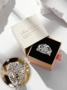 Kotak Hadiah Cincin Pita Lebar Perak, Desain Sangkar Burung Rumbai 3D, Batu Zirkonia Kubik Bertabur Penuh, Cincin Koktail Mewah untuk Wanita - Perak - View 10