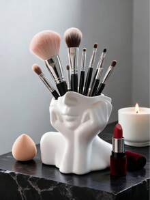 1pc Large Capacity Artistic Face Sculpture Makeup Brush Holder, Resin Material Vanity Organizer Box, Modern Minimalist White/Black Abstract Human Figure With Hand-On-Chin Detail, Cosmetic Tool Storage, Suitable For Bedroom Vanity, Housewarming Gift - Multicolor - View 13
