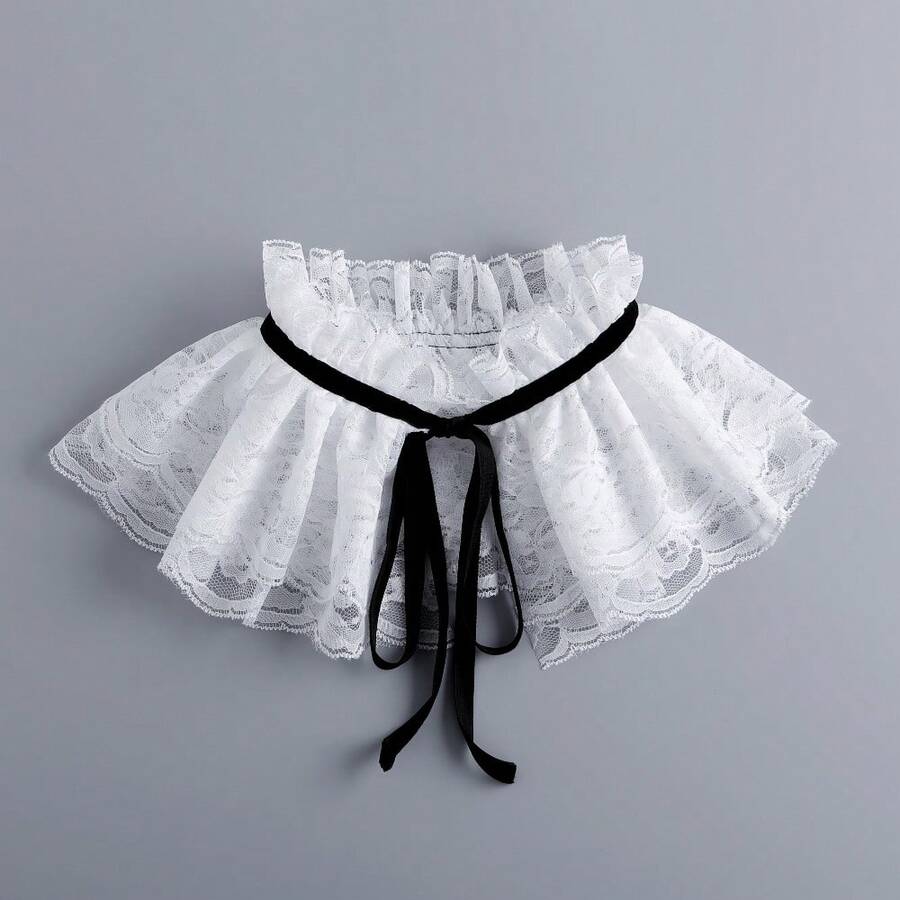 1件法式復古蕾絲披肩領,雙層繫帶裝飾領,帶荷葉邊,甜美公主風女款 - 白色 - 查看 1