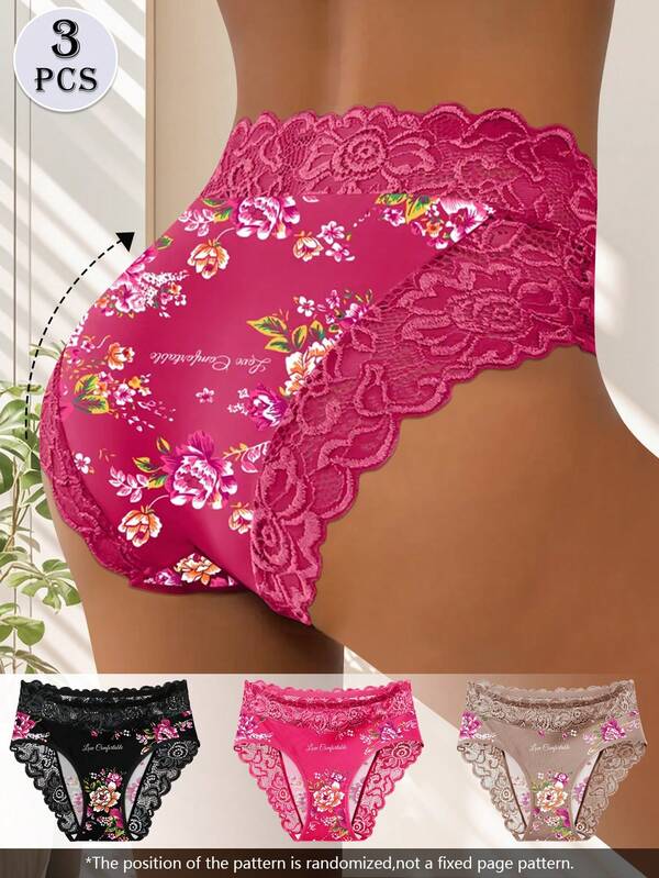 QUASTI 3PCS Women's Floral Lace Brief Panties Set, Soft Stretchy Breathable Underwear, Comfortable Mid Waist Lingerie For Daily Wear, Work, Travel